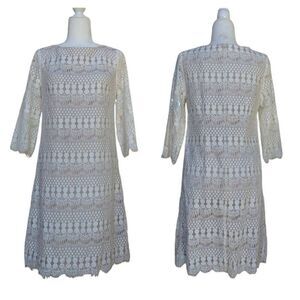 Jessica Howard Tan Beige Lace Shift Dress 3/4 Sleeve Lined Boats Neck Size 8 Zip
